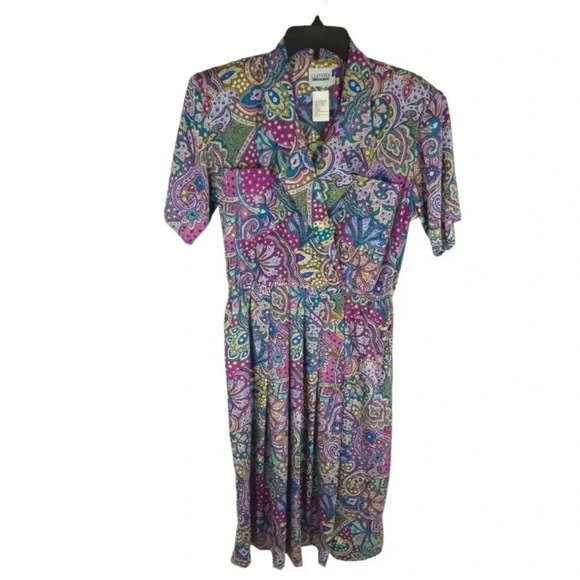{Classics by Leslie Fay} Vintage 80s Paisley Print Polyester Dress Size 8 - Picture 3 of 17